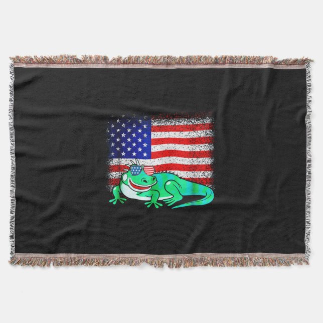 Iguana with America Flag Throw Blanket (Front)