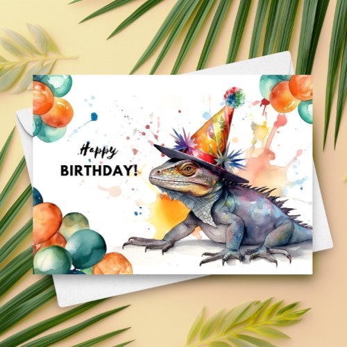 Iguana with Balloons and Party Hat Happy Birthday Card