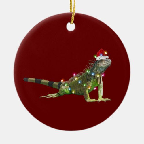 Iguanas With Hat Scaft Christmas Ceramic Ornament