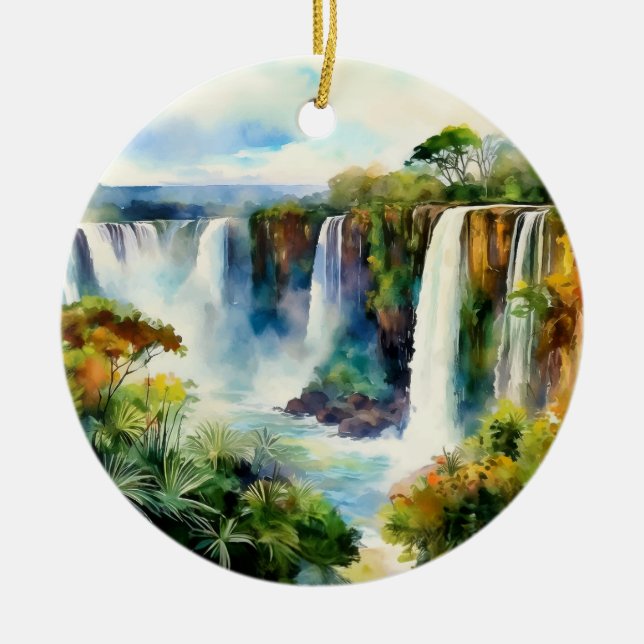 Iguazu Falls Argentina Brazil Watercolor Ceramic Ornament (Front)