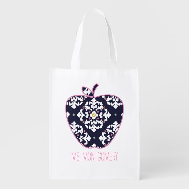 Ikat Apple Teacher Reusable Grocery Bag (Front)