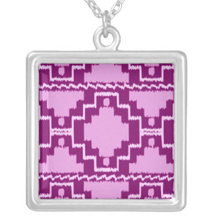 Ikat Aztec Pattern - Amethyst Purple and Violet Silver Plated Necklace