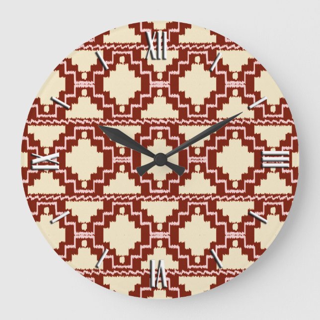 Ikat Aztec Pattern - Beige, Burgundy and Pink Large Clock (Front)