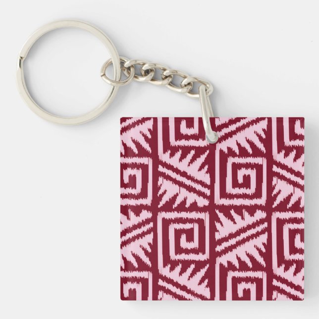 Ikat Aztec Pattern - Burgundy and Pink Keychain (Front)