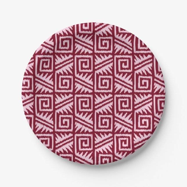 Ikat Aztec Pattern - Burgundy and Pink Paper Plates (Front)