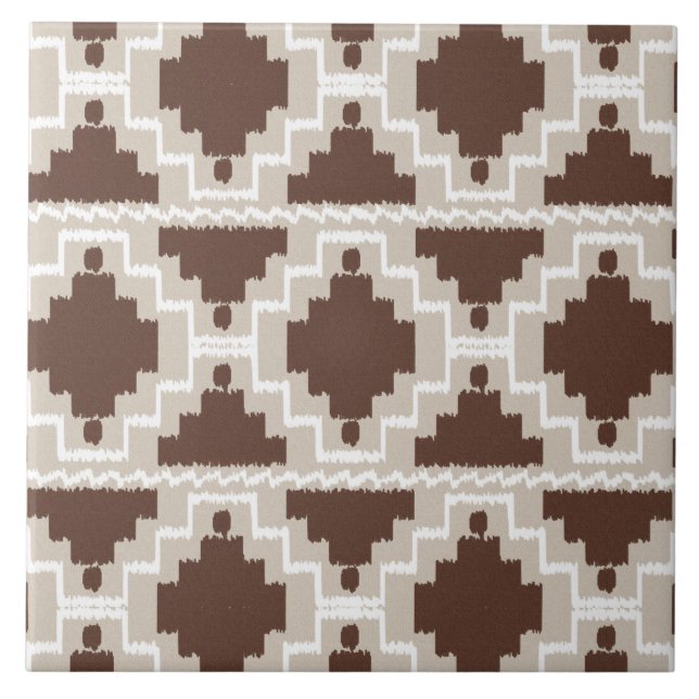 Ikat Aztec Pattern - Chocolate Brown and Taupe Ceramic Tile (Front)