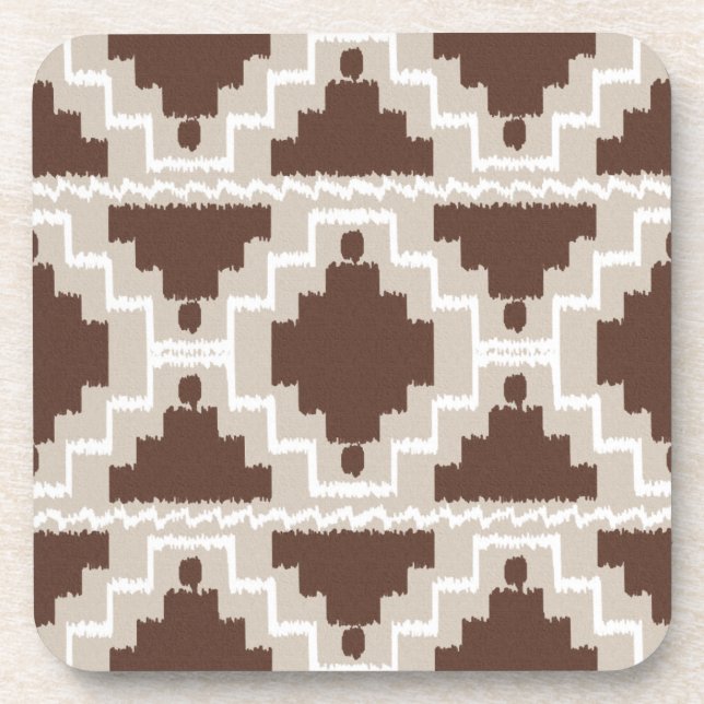 Ikat Aztec Pattern - Chocolate Brown and Taupe Drink Coaster (Front)
