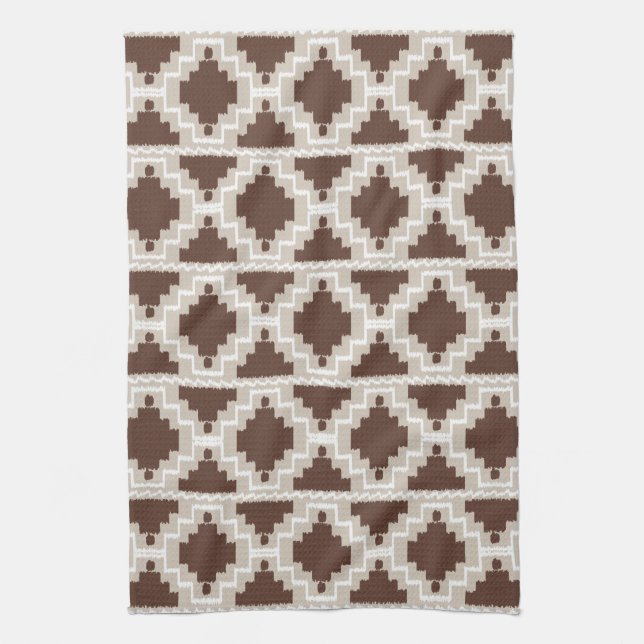 Ikat Aztec Pattern - Chocolate Brown and Taupe Kitchen Towel (Vertical)