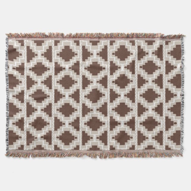 Ikat Aztec Pattern - Chocolate Brown and Taupe Throw Blanket (Front)