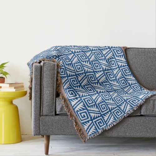 Ikat Aztec Pattern _ Cobalt Blue and White Throw Blanket