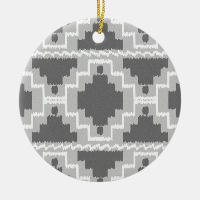 Ikat Aztec Pattern - Dark and light Grey / Gray Ceramic Ornament (Front)