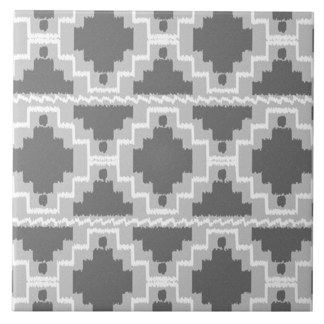 Ikat Aztec Pattern - Dark and light Grey / Gray Ceramic Tile (Front)