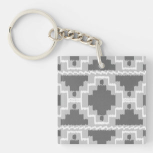 Ikat Aztec Pattern - Dark and light Grey / Gray Keychain