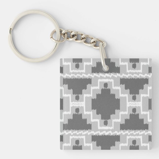Ikat Aztec Pattern - Dark and light Grey / Gray Keychain (Front)