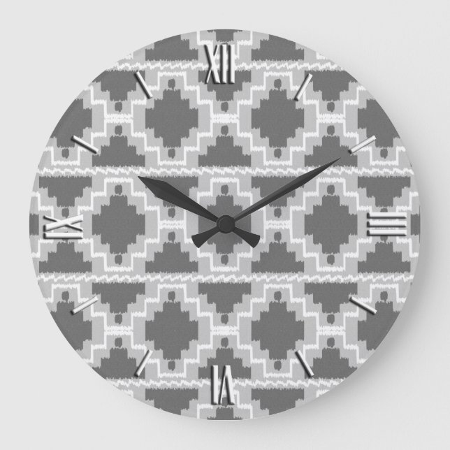Ikat Aztec Pattern - Dark and light Grey / Gray Large Clock (Front)