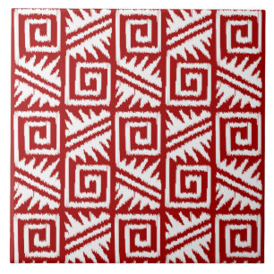 Ikat Aztec Pattern - Dark Red and White Ceramic Tile