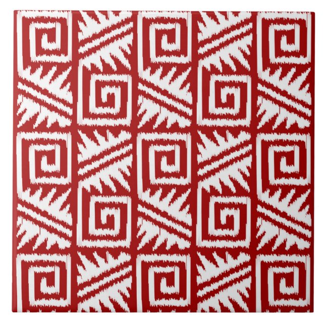 Ikat Aztec Pattern - Dark Red and White Ceramic Tile (Front)