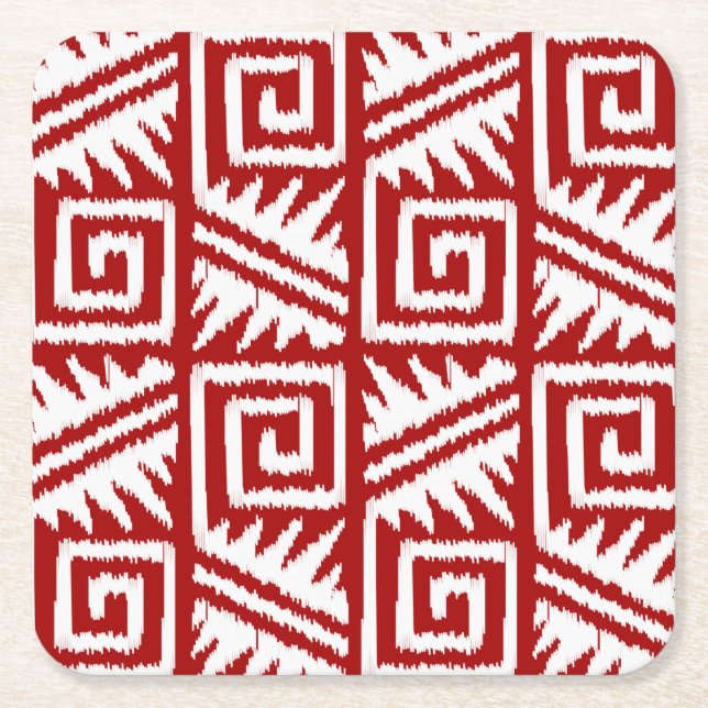Ikat Aztec Pattern - Dark Red and White Square Paper Coaster (Front)