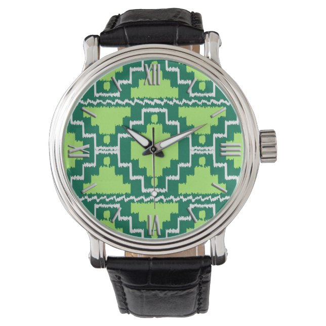 Ikat Aztec Pattern - Forest and Lime Green Watch (Front)