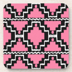 Ikat Aztec Pattern - Fuchsia Pink, Black and White Beverage Coaster