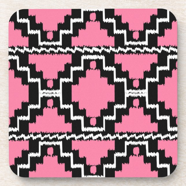 Ikat Aztec Pattern - Fuchsia Pink, Black and White Beverage Coaster (Front)