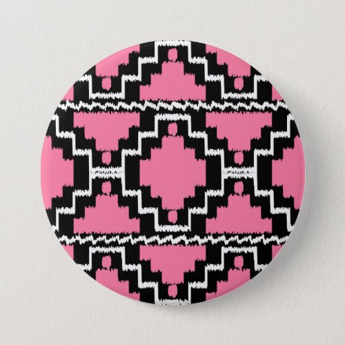 Ikat Aztec Pattern _ Fuchsia Pink Black and White Button