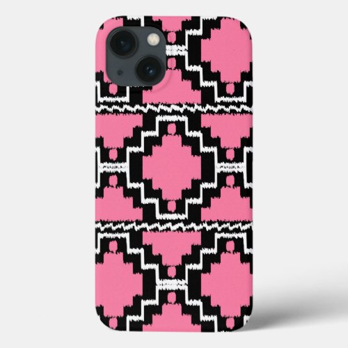 Ikat Aztec Pattern _ Fuchsia Pink Black and White iPhone 13 Case
