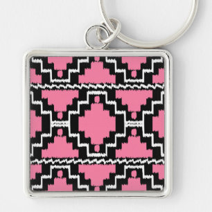 Ikat Aztec Pattern - Fuchsia Pink, Black and White Keychain