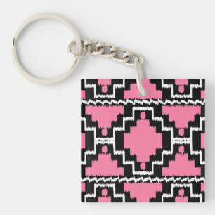 Ikat Aztec Pattern - Fuchsia Pink, Black and White Keychain