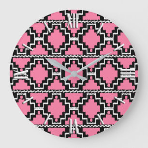 Ikat Aztec Pattern - Fuchsia Pink, Black and White Large Clock