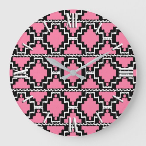 Ikat Aztec Pattern _ Fuchsia Pink Black and White Large Clock