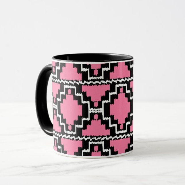 Ikat Aztec Pattern - Fuchsia Pink, Black and White Mug (Front Left)