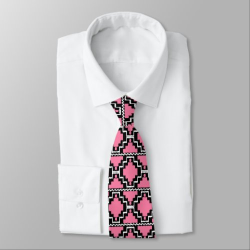 Ikat Aztec Pattern _ Fuchsia Pink Black and White Neck Tie