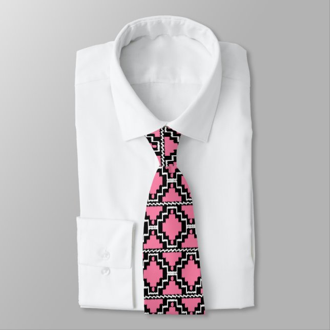 Ikat Aztec Pattern - Fuchsia Pink, Black and White Neck Tie (Tied)
