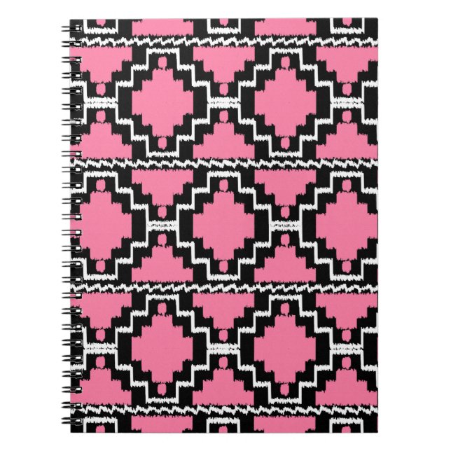 Ikat Aztec Pattern - Fuchsia Pink, Black and White Notebook (Front)