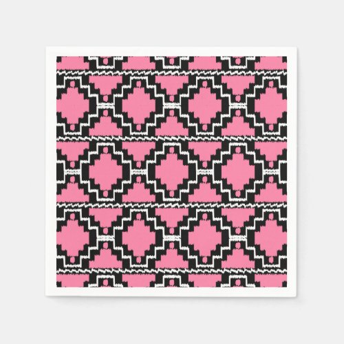 Ikat Aztec Pattern _ Fuchsia Pink Black and White Paper Napkins