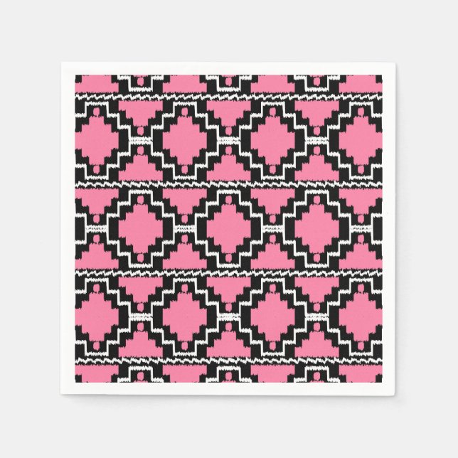 Ikat Aztec Pattern - Fuchsia Pink, Black and White Paper Napkins (Front)