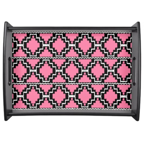 Ikat Aztec Pattern _ Fuchsia Pink Black and White Serving Tray