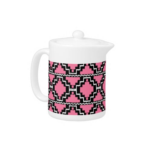 Ikat Aztec Pattern _ Fuchsia Pink Black and White Teapot