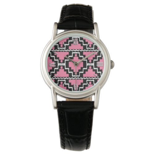 Ikat Aztec Pattern _ Fuchsia Pink Black and White Watch