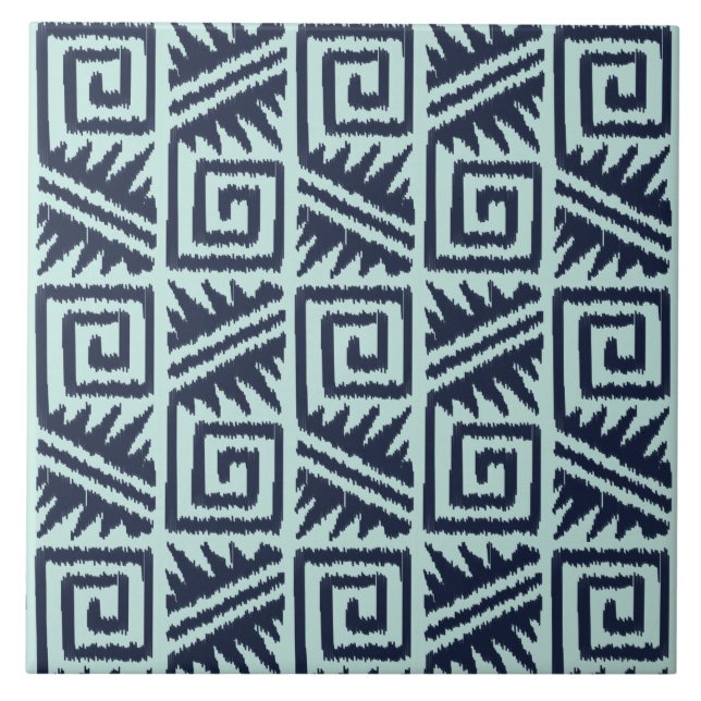 Ikat Aztec Pattern - Indigo and Light Blue Ceramic Tile (Front)
