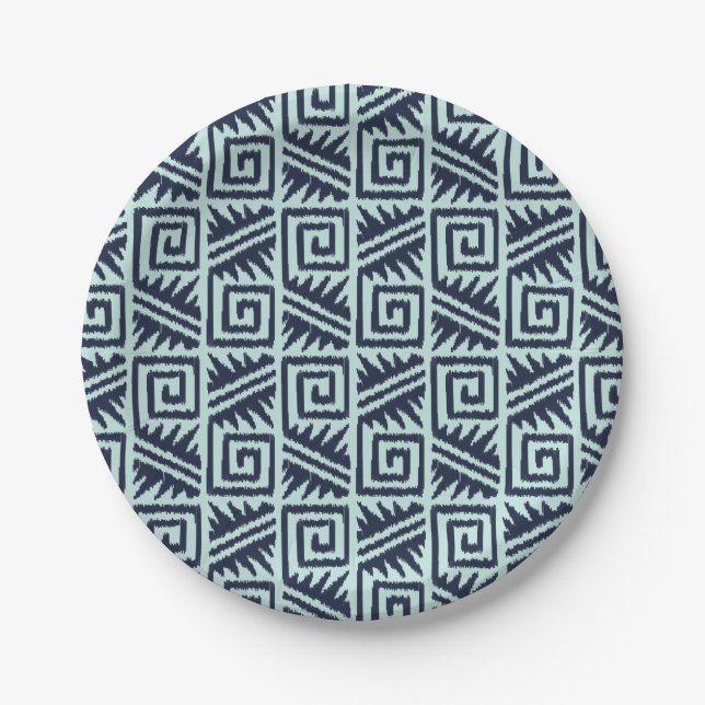 Ikat Aztec Pattern - Indigo and Light Blue Paper Plates (Front)