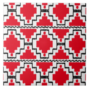 Ikat Aztec Pattern - Red, Black and White Ceramic Tile