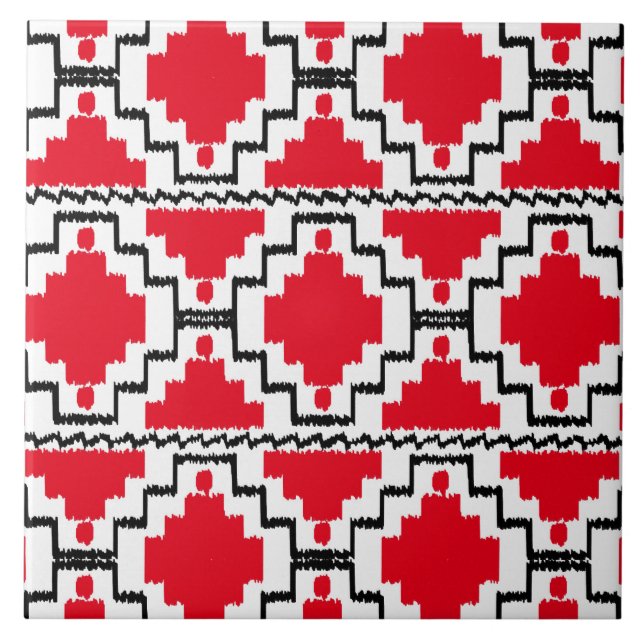 Ikat Aztec Pattern - Red, Black and White Ceramic Tile (Front)