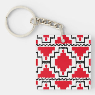 Ikat Aztec Pattern - Red, Black and White Keychain