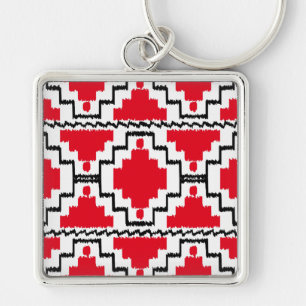Ikat Aztec Pattern - Red, Black and White Keychain
