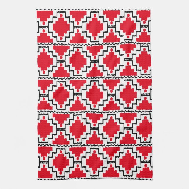Ikat Aztec Pattern - Red, Black and White Kitchen Towel (Vertical)
