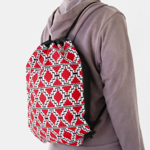 Ikat Aztec Pattern _ Red Black and White Messenge Drawstring Bag