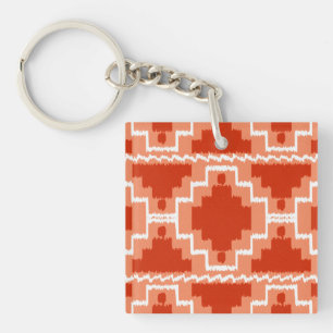 Ikat Aztec Pattern - Rust, Orange and white Keychain