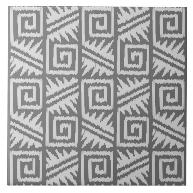 Ikat Aztec Pattern - Shades of Grey / Gray Ceramic Tile (Front)